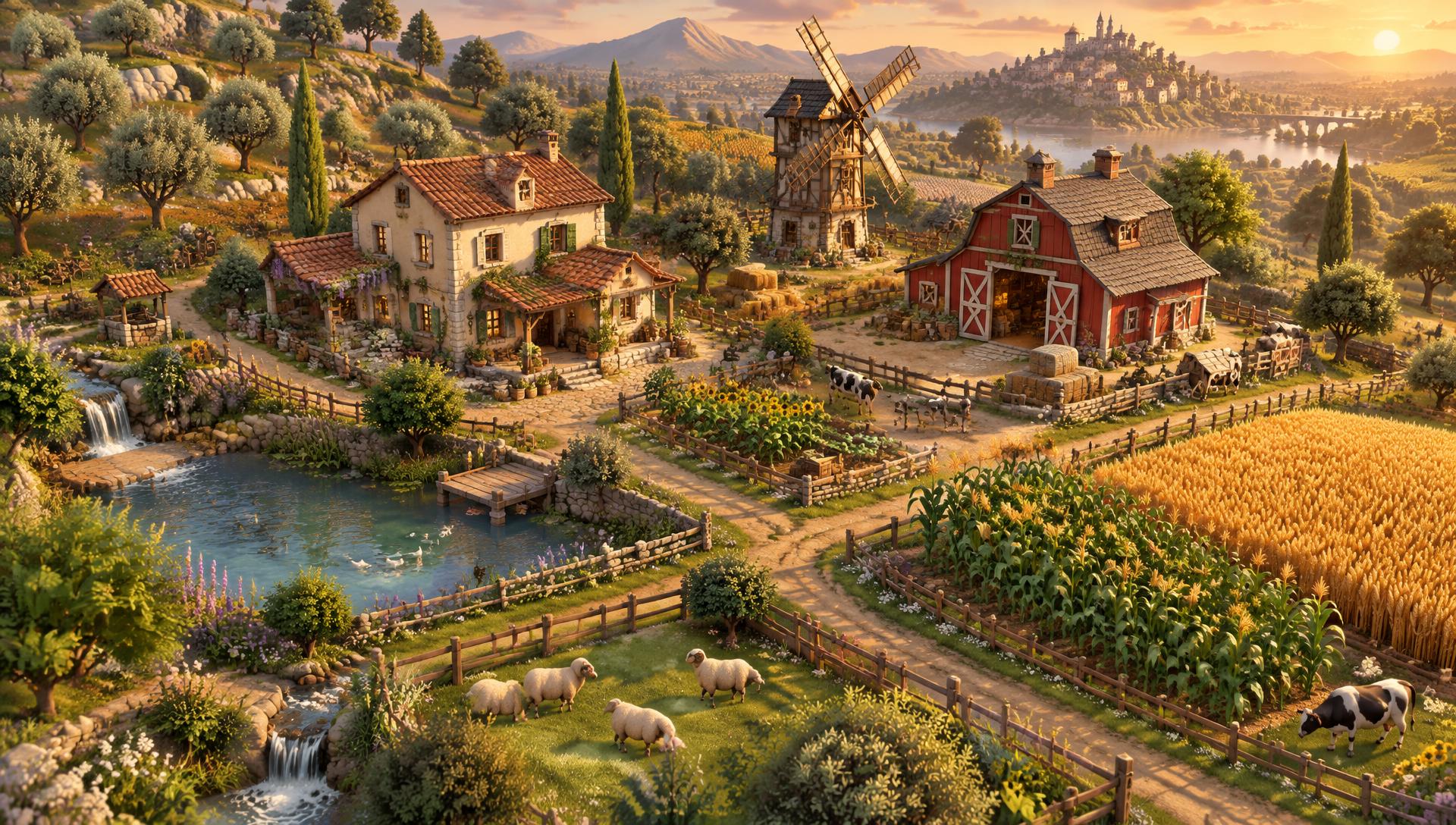 A golden-hour farm estate with fields, a farmhouse and a windmill